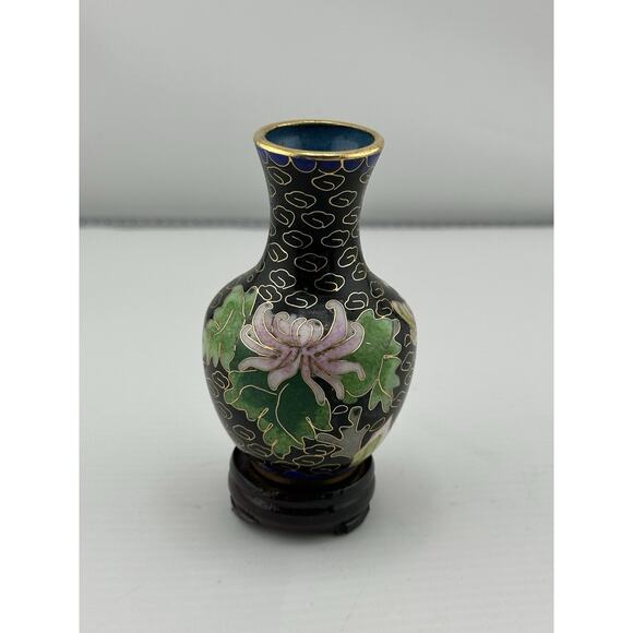 Vintage Mini Chinese Enameled Cloisonne Vase w/ Stand 3 inch Black Pink Lotus - Picture 2 of 7